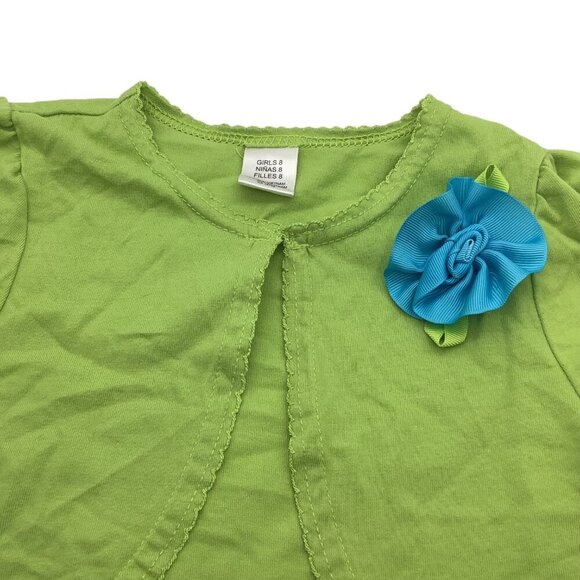 Girls Green Short Sleeve Button Shrug With Blue Flower Accent Top Size 8 Cotton - Picture 8 of 9
